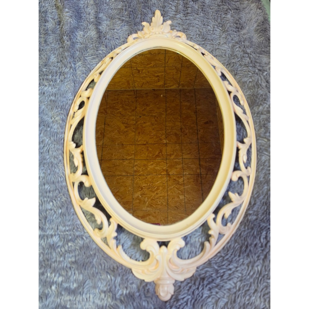 Vintage Burwood Products Co, Ornate Scroll pink Oval Wall Mirror 4405 29"x17.5"